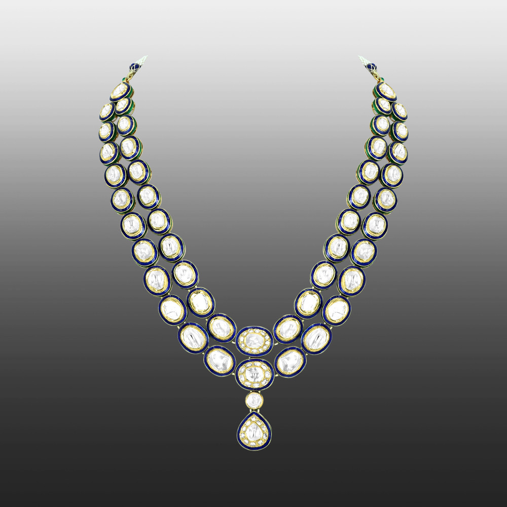 Twin-Line Polki Necklace with Blue Enamel and Pear Pendant
